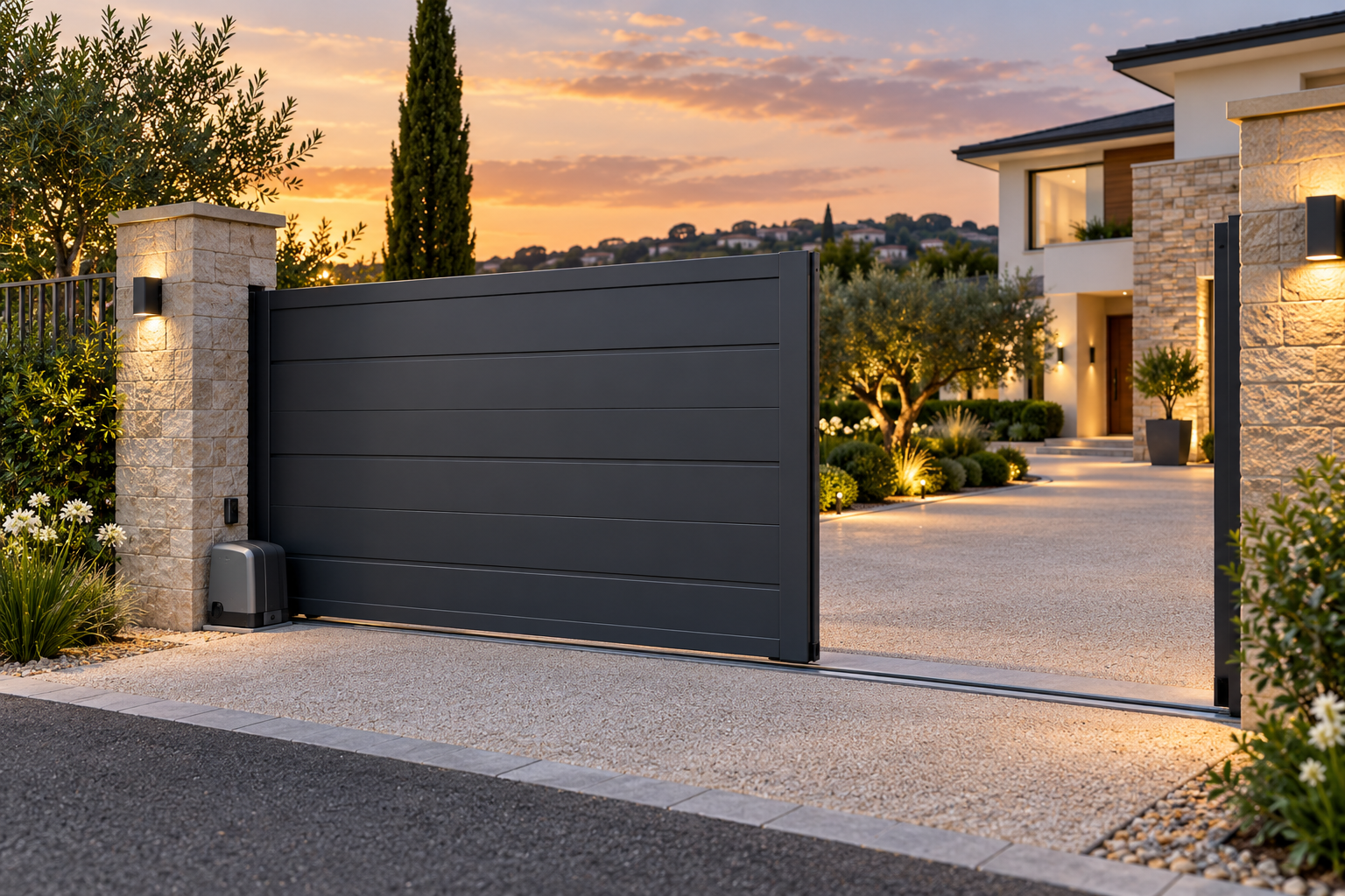 Illustration d’un portail coulissant anthracite motorisé devant une maison contemporaine